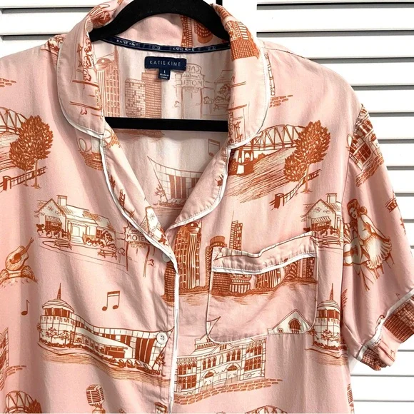 KATIE KIME Pink PJ Set Button Top & Shorts Nashville Johnny Cash & June Sz L - Picture 3 of 15
